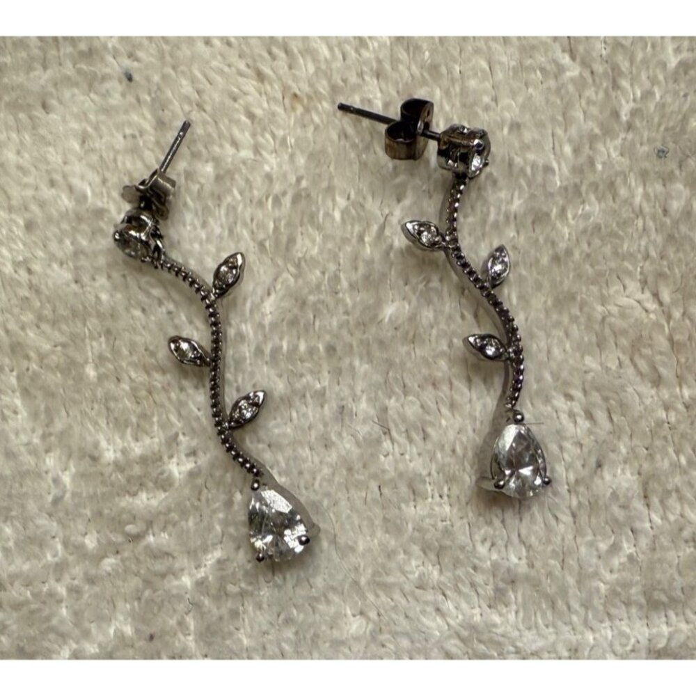 Elegant Silver Vine Leaf & Teardrop Crystal Earrings